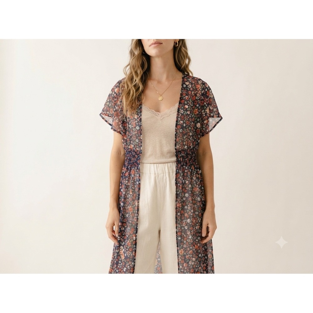 Ember Floral Kimono Duster Blue Orange Flutter Sleeve SZ M Boho Festival Whimsy
